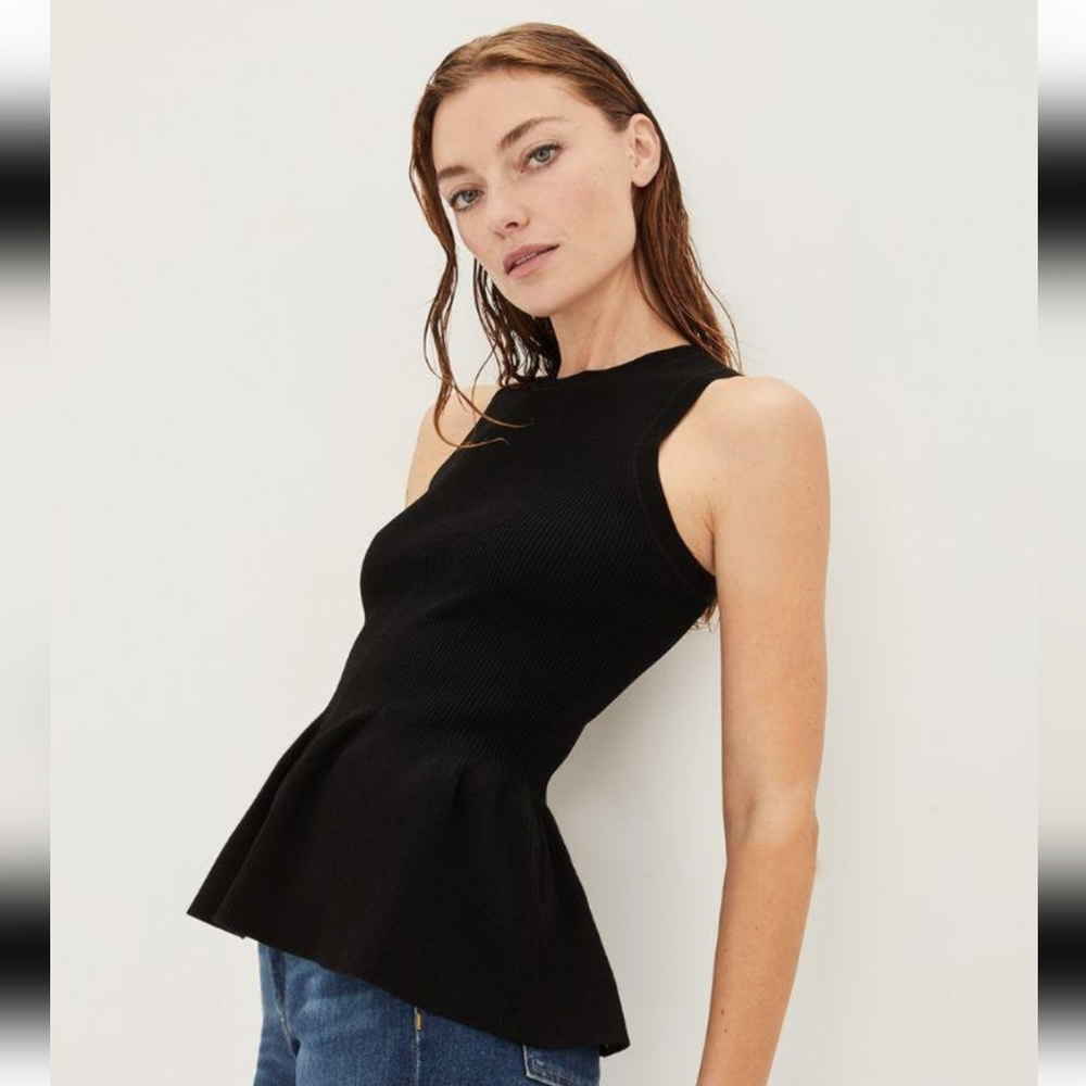 Veronica Beard Black Ribbed Arago Peplum Top Dress, Medium - Picture 2 of 14